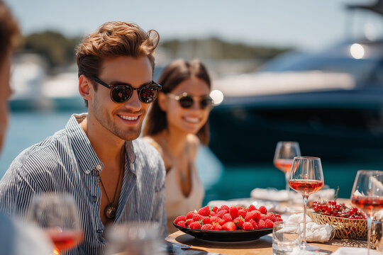 Friends enjoy lunch on a boat with fresh fruit and drinks by the water on a sunny day