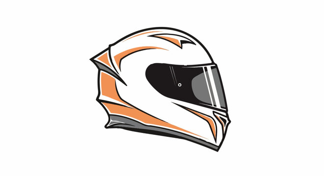 White racing helmet with orange and grey accents and a black visor