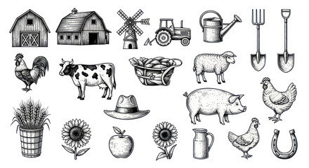 Farm Animals and Equipment Collection - Vintage Sketch Style © dira