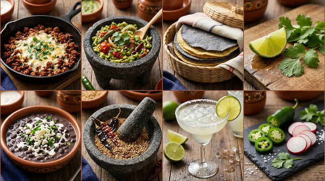 2x4 Grid Mexican Culinary Collage, Chorizo, Salsa, Tortillas, Beans, Margarita, Vibrant Food Photography