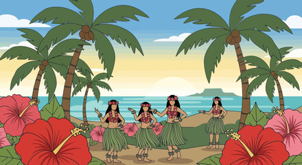 Hawaiian Hula Dancers on Tropical Beach with Palm Trees and Hibiscus Flowers © dira