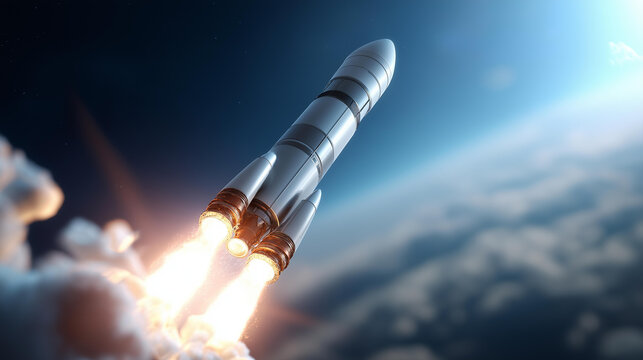 Powerful rocket ascending into clear blue sky, human innovation and relentless pursuit of space exploration and discovery concept, defocused background, with copy space