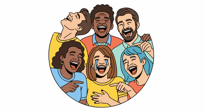 Diverse group of people laughing together, pointing at each other in a circle