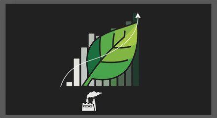 Obraz premium Green growth chart with leaf and rising arrow above factory