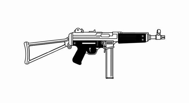 A black and white line drawing of a submachine gun