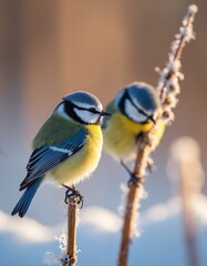Obraz premium Two small blue tit birds perched on frosted branches in soft sunlight. One bird is sharp in foreground, other blurred behind. Winter scene shows delicate details.