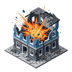 vector isometric of a building exploding after being hit by a missile 7 © Vector