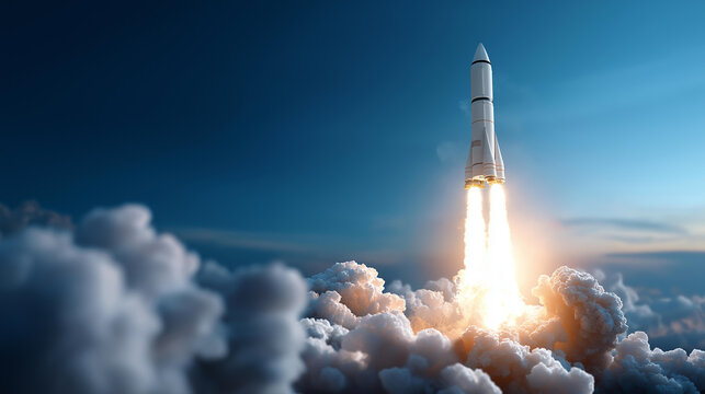 Powerful rocket igniting and launching into clear blue sky sending up plumes of white smoke, human innovation and quest for exploration concept, defocused background, with copy