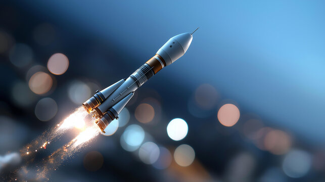 Impressive rocket taking off into clear blue sky, innovation adventure and endless possibilities of space exploration in thrilling liftoff moment concept, defocused background,