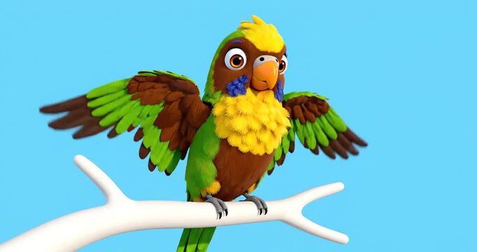 Colorful parrot on white branch perch.