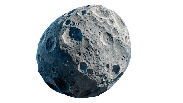 A detailed view of a small asteroid floating in space showcasing its surface isolated on transparent background cut out