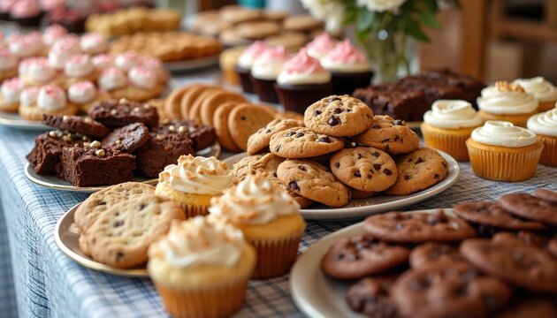 Assorted baked goods like cookies cupcakes and brownies are laid out on a table. This delicious spread includes chocolate chip cookies rich brownies and frosted cupcakes ready for a party or event.