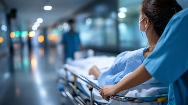 Faceless woman being wheeled on a hospital bed along an empty well-lit corridor. Defocused hallway background. Patient transport, hospital bed, empty corridor, medical care,, with