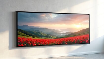 Fototapeta premium Framed artwork shows red poppy field on rolling hills. Sun sets over misty valley and distant mountains. Peaceful nature scene enhances home decor, office space, interior design.