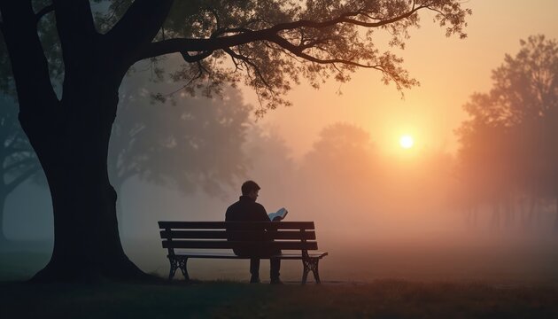 Man sits on bench under large tree reading book at sunrise. Foggy park air creates atmosphere of peace and solitude. Calm morning light filters through mist.