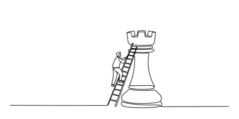 A single continuous line drawing of a person climbing a ladder to reach the top of a chess rook Vector, illustration © Pabon Art Gallery