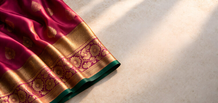 Elegant Maroon Silk Saree with Traditional Golden Zari Embroidery and Green Border on Textured Background with Sunlight