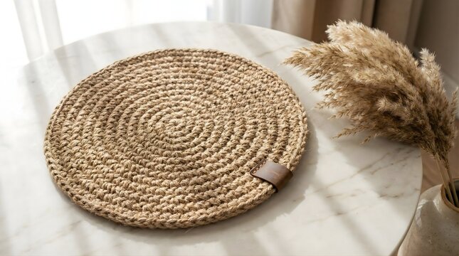 Handcrafted round sisal rug on white marble table under soft sunlight with dried pampas grass in ceramic vase for modern home decoration and rustic aesthetic and cozy interior styling and textures