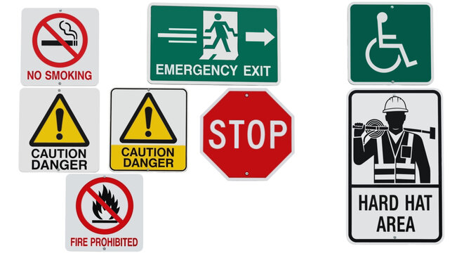 A collection of various warning and danger signs displayed together indoors.
