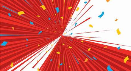Fototapeta premium Exploding red and white rays with colorful confetti bursts