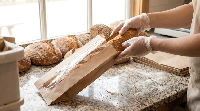 Baker in gloves places artisan bread into clear window paper bag, bakery counter with sourdough loaves and sunlight by window