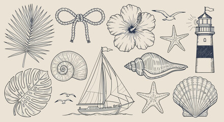 A serene coastal scene featuring a sailboat, lighthouse, and various seashells on a beach. © James