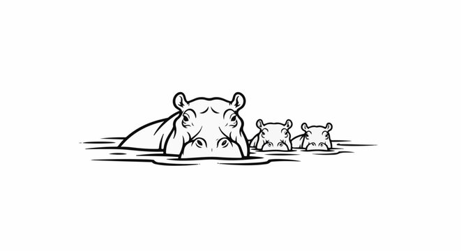 Family of hippos peeking heads above water