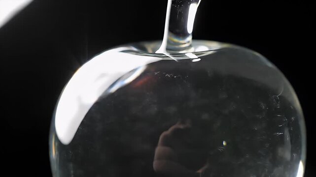 Transparent glass apple ornament with stem on dark background