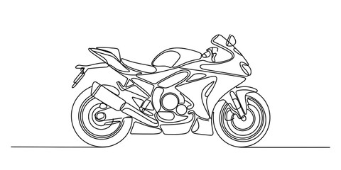 Naklejka premium A continuous single line drawing of a fast sport motorcycle rendered in simple black outlines. Vector, illustration