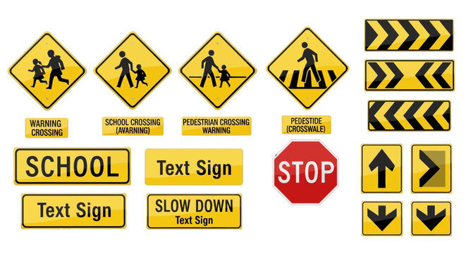 Traffic signs and symbols for school zones and road instructions are displayed.