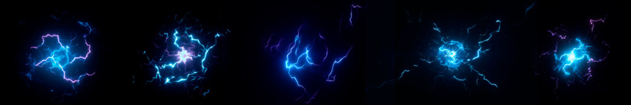 Blue Lightning Energy Effects Set Isolated on Black Background, Electric Plasma Sparks