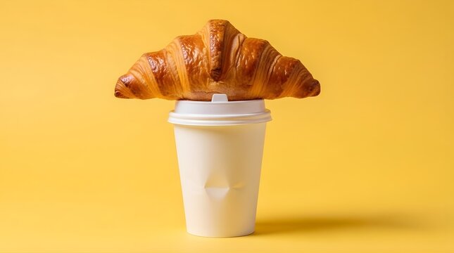 Freshly baked golden brown croissant rests atop a white disposable coffee cup with a lid against a vibrant solid yellow background, showcasing a simple breakfast or snack setup