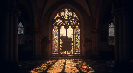 Obraz premium Ornate stained glass window casting light in abandoned church ruins creating an ethereal and gothic atmosphere with colorful reflections