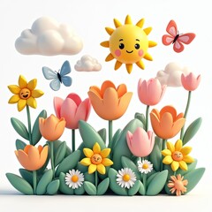 Fototapeta premium Cartoon sun smiles over colorful tulips and happy flowers. Butterflies and clouds float in bright sky. Spring nature scene with green leaves.