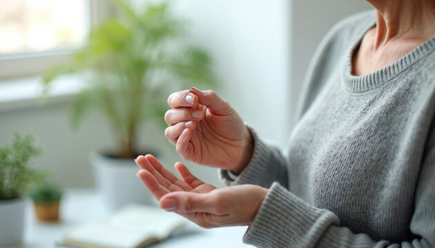 Elderly woman holds medicine pill between fingers. Mature adult taking vitamin supplement for wellness and health. Taking daily dose for treatment.