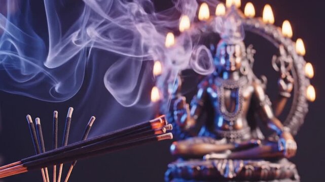 Masik Shivaratri, Close-up of traditional incense sticks burning, with thick rhythmic smoke swirling around a bronze Shiva Nataraja statue in the blurred background
