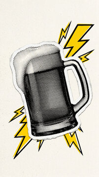 Pop Art Halftone Distressed Beer Mug Sticker Illustration, Worn Retro Foam Beer Glass Icon, Vintage Torn Paper Collage Element, 90s Magazine Style Graphic, Vertical bg
