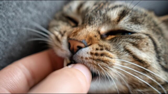 Domestic shorthair cat playfully nibbling and biting a human finger in a close-up view