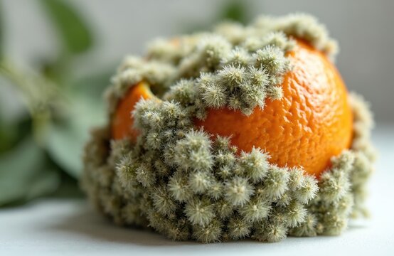 Rotten orange covered in fuzzy green mold. Detail of decay on citrus fruit. Unhygienic food product with fungal growth. Unhealthy fruit spoiling. Concept of decomposition.