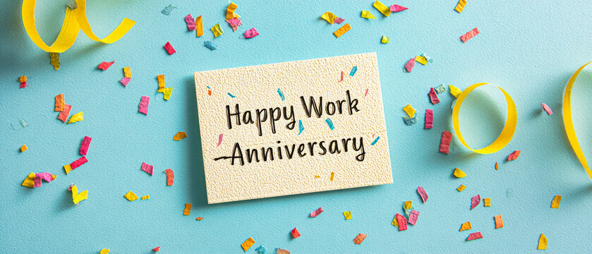 Bright and cheerful work anniversary sticker surrounded by colorful confetti and streamers on a lovely pastel background, perfect for celebration