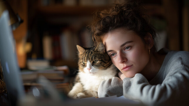 Introvert working remotely from quiet home office, cat nearby, thriving in environment that honors natural temperament rather than forcing constant collaboration, perfect for workplace flexibility a