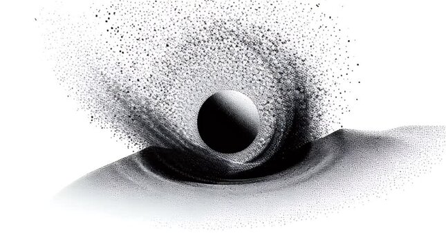 A stylized illustration features a swirling vortex of particles. A dark, spherical object is at its core, surrounded by flowing matter
