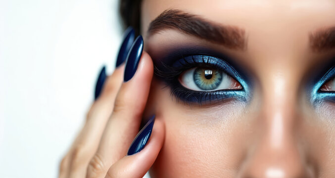 Close up eye makeup blue eyeshadow and long lashes. Woman hand with dark navy polished nails touches face skin. Beauty portrait isolated on white background.