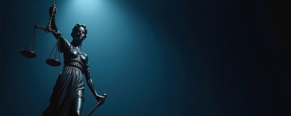 Statue of Lady Justice with scales and sword stands against dark blue background. Symbolizes law, fairness, and impartiality. Represents legal system and justice.