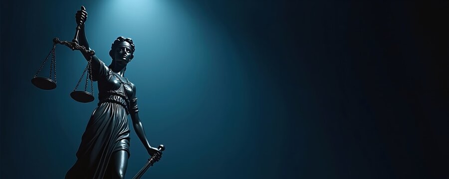 Statue of Lady Justice with scales and sword stands against dark blue background. Symbolizes law, fairness, and impartiality. Represents legal system and justice.
