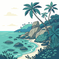 A serene beach scene with palm trees and rocks on a white sandy shore by turquoise water © fff