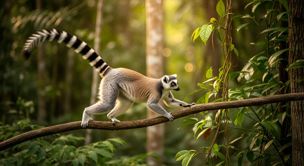 Obraz premium Ring-tailed lemur walking on a tree branch in lush green Madagascar forest sunlit exotic wildlife scene tropical animal in natural habitat