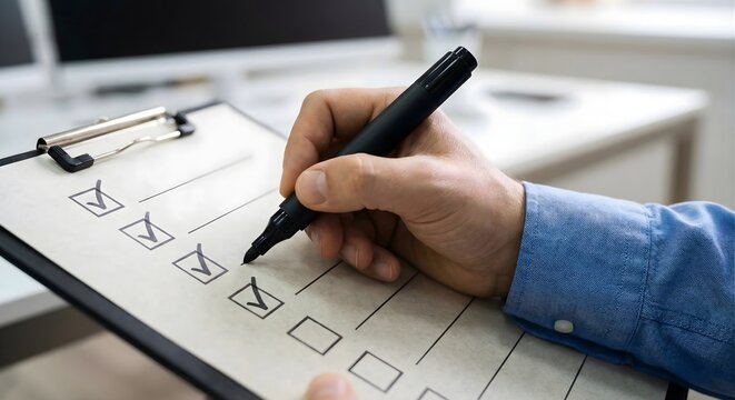 Checking off tasks on a clipboard by hand with a black marker, completing checklist items. Close-up shot of a person's hand marking progress on a to-do list