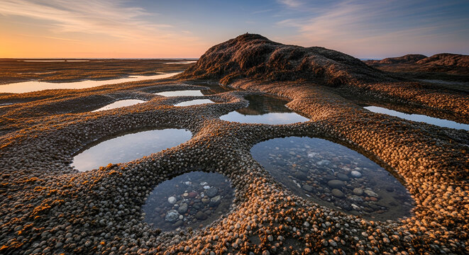 Rocky shore landscape at sunset with tide pools filled with water reflecting sky creating a peaceful and scenic coastal vista