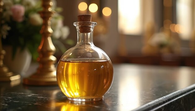 Sacred holy oil in ornate bottle sits on altar near candlestick. Amber liquid for anointing symbolizes blessing in religious ceremony, evoking peace, purity, and divine connection during worship.